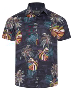 KAM Palm Print Shirt Navy